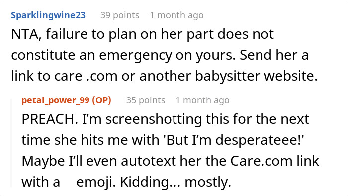 Screenshot of Reddit comments discussing babysitting expectations and suggesting using Care.com for finding a babysitter. Screenshot of Reddit comments discussing babysitting expectations and suggesting using Care.com for finding a babysitter.
