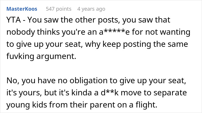 Screenshot of an online forum discussing not switching airplane seats and ignoring children during a flight conflict. Screenshot of an online forum discussing not switching airplane seats and ignoring children during a flight conflict.