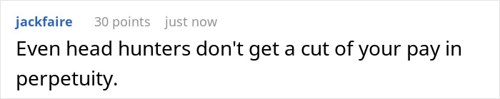 Screenshot of a forum comment discussing head hunters and job referral commission in a text-only post. Screenshot of a forum comment discussing head hunters and job referral commission in a text-only post.