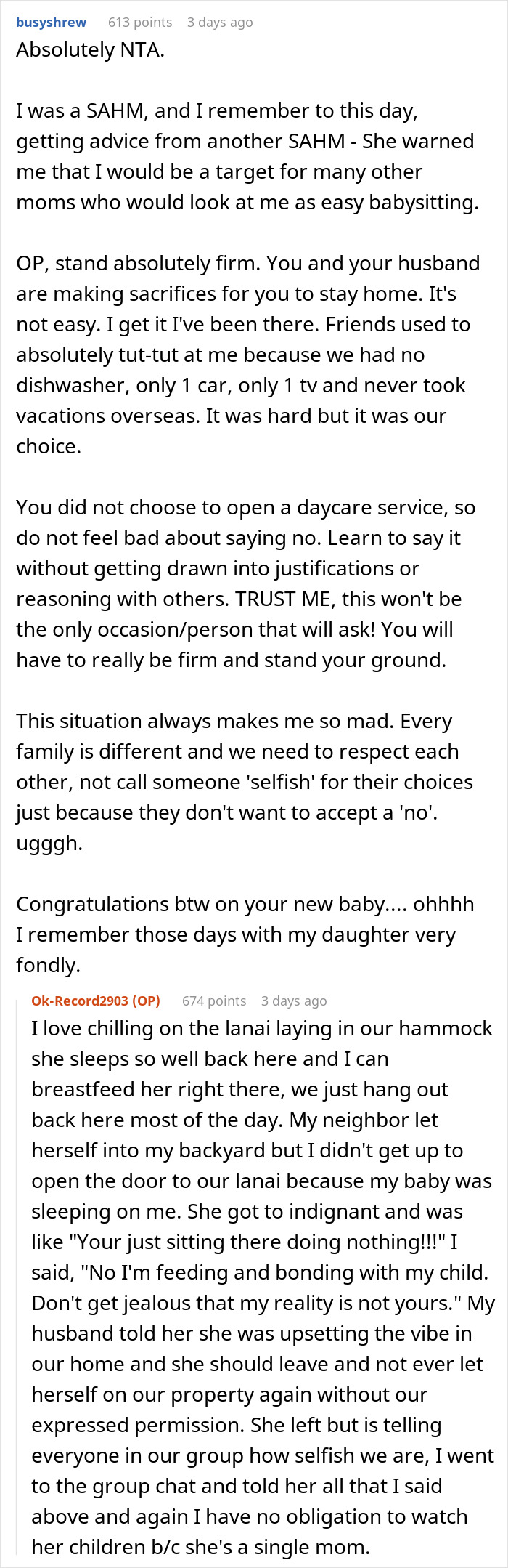 Screenshot of online discussion about a SAHM neighbor refusing to babysit leading to a tantrum and boundary setting. Screenshot of online discussion about a SAHM neighbor refusing to babysit leading to a tantrum and boundary setting.