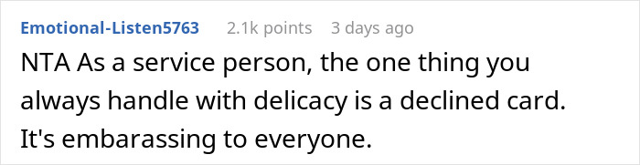 Comment about handling declined cards delicately posted in an online discussion about tipping 83 cents. Comment about handling declined cards delicately posted in an online discussion about tipping 83 cents.