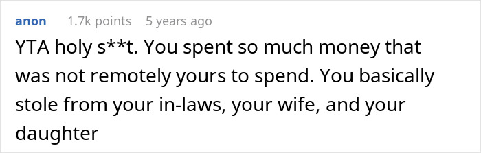 Screenshot of a Reddit comment criticizing a man for spending money on a 1972 Ford Bronco without permission. Screenshot of a Reddit comment criticizing a man for spending money on a 1972 Ford Bronco without permission.