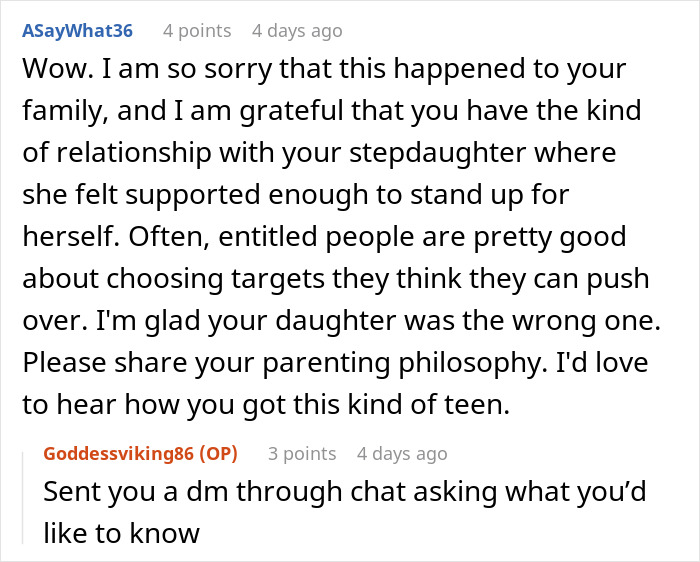 Commenter praising the friend-stepdaughter relationship and support at a pool party, appreciating the parenting approach.