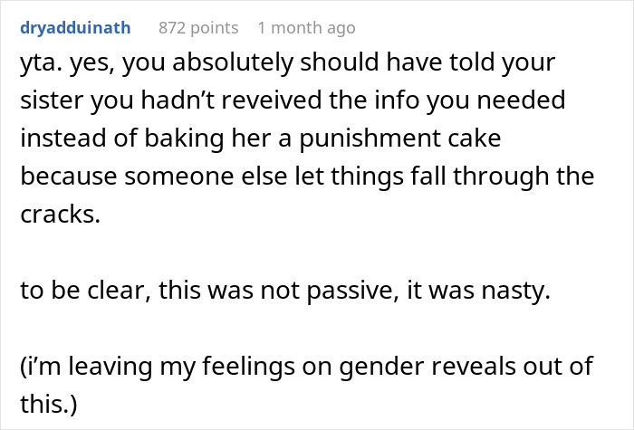 Screenshot of a Reddit comment discussing a gray cake failing at a gender reveal party and blame on pregnant sister. Screenshot of a Reddit comment discussing a gray cake failing at a gender reveal party and blame on pregnant sister.