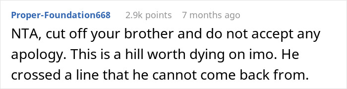 Reddit comment advising to cut off brother after his lie to CPS impacts sister’s life, highlighting family betrayal and consequences. Reddit comment advising to cut off brother after his lie to CPS impacts sister’s life, highlighting family betrayal and consequences.