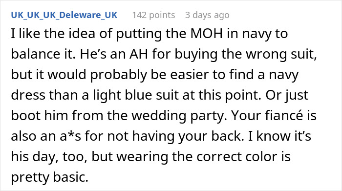 Comment about bride wanting to exclude best man from photos due to his outfit in stereotypical American wedding debate. Comment about bride wanting to exclude best man from photos due to his outfit in stereotypical American wedding debate.