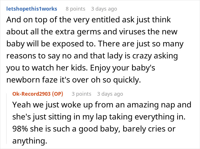 Screenshot of a discussion about a mom assuming neighbor will babysit because she’s a SAHM and the ensuing frustration. Screenshot of a discussion about a mom assuming neighbor will babysit because she’s a SAHM and the ensuing frustration.