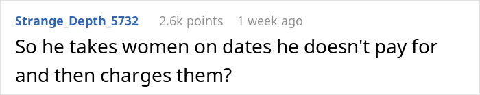 Screenshot of a Reddit comment questioning a man who demands payment after a free meal on a first date with no spark.