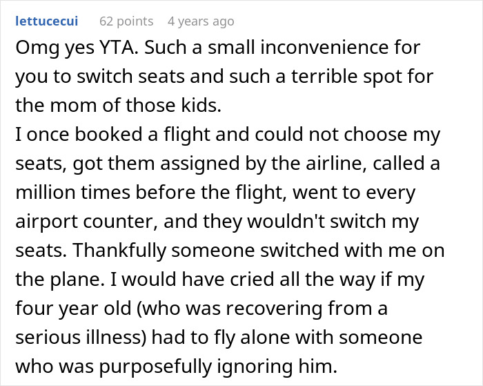 Comment discussing airplane seat switching and a mother ignoring her children during a flight conflict situation. Comment discussing airplane seat switching and a mother ignoring her children during a flight conflict situation.