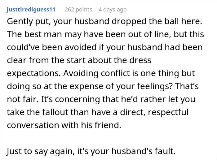 Comment on a wedding dispute about the best man’s outfit causing a bride to exclude him from photos. Comment on a wedding dispute about the best man’s outfit causing a bride to exclude him from photos.