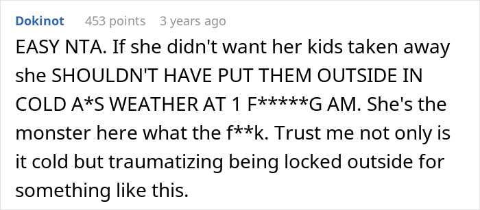 Screenshot of a comment criticizing a mom for throwing her kid outside on a cold night, neighbors call CPS.