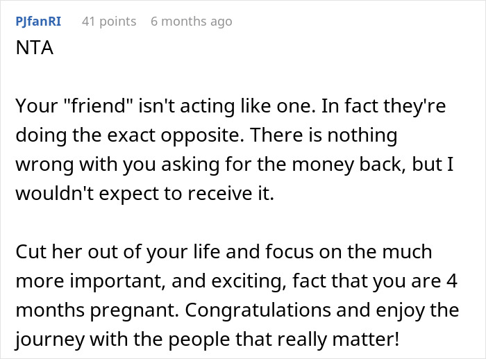 Comment on a forum discussing maid of honor demands thousands back after bride excludes her due to pregnancy weight. Comment on a forum discussing maid of honor demands thousands back after bride excludes her due to pregnancy weight.