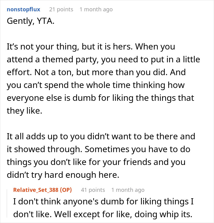 Woman dressed as Phoebe Buffay at cosplay party, facing criticism from friend for non-fandom cosplay choice. Woman dressed as Phoebe Buffay at cosplay party, facing criticism from friend for non-fandom cosplay choice.