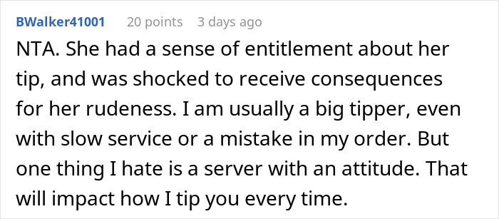 Screenshot of a Reddit comment discussing attitude affecting tipping behavior in an am I the jerk for tipping 83 cents thread. Screenshot of a Reddit comment discussing attitude affecting tipping behavior in an am I the jerk for tipping 83 cents thread.