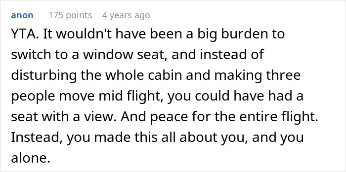 Reddit comment discussing not switching seats on an airplane and ignoring a mother with children during the flight. Reddit comment discussing not switching seats on an airplane and ignoring a mother with children during the flight.