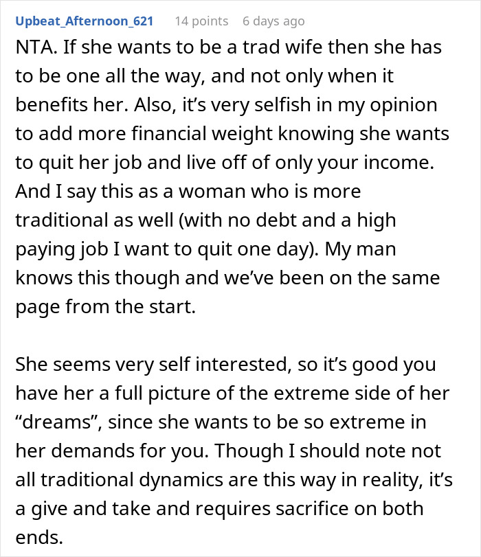 Comment discussing the challenges and realities of being a tradwife and financial sacrifices involved. Comment discussing the challenges and realities of being a tradwife and financial sacrifices involved.