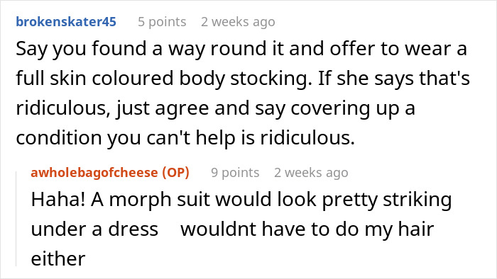 Screenshot of a discussion about a maid of honor refusing to hide psoriasis at a wedding and the bride banning her without body makeup. Screenshot of a discussion about a maid of honor refusing to hide psoriasis at a wedding and the bride banning her without body makeup.