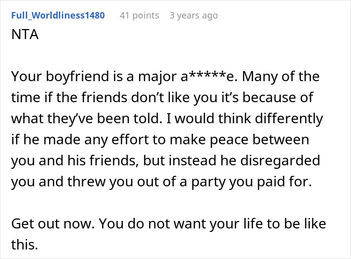 Comment discussing a woman refused to leave party she planned despite boyfriend and friends demanding privacy. Comment discussing a woman refused to leave party she planned despite boyfriend and friends demanding privacy.