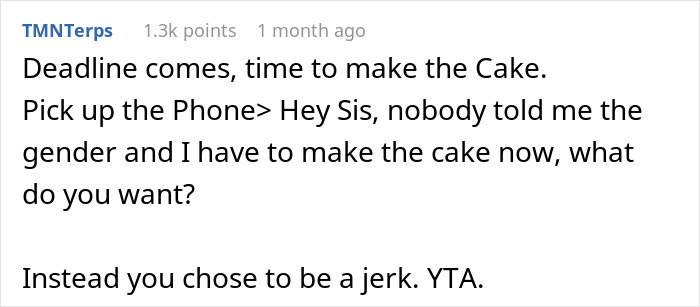 Text conversation about making a gray cake for a gender reveal party and sibling blaming pregnant sister. Text conversation about making a gray cake for a gender reveal party and sibling blaming pregnant sister.