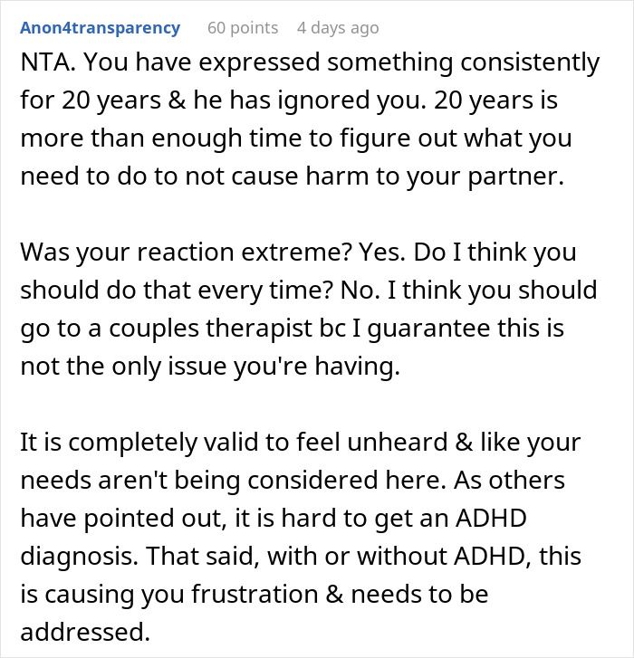 Comment discussing frustration in a relationship where wife threatens cold showers due to husband’s bad memory. Comment discussing frustration in a relationship where wife threatens cold showers due to husband’s bad memory.