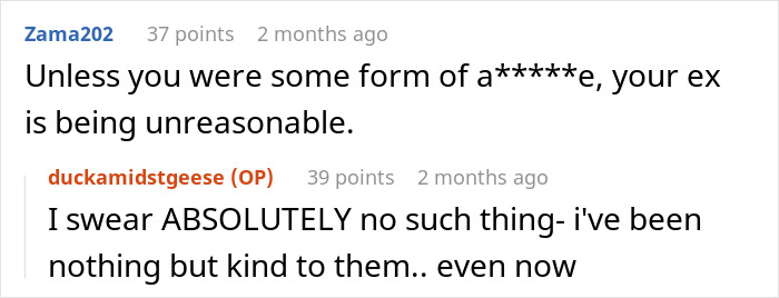 Screenshot of a Reddit conversation about drama after an ex pops up with an immature text, calling them a narcissist. Screenshot of a Reddit conversation about drama after an ex pops up with an immature text, calling them a narcissist.