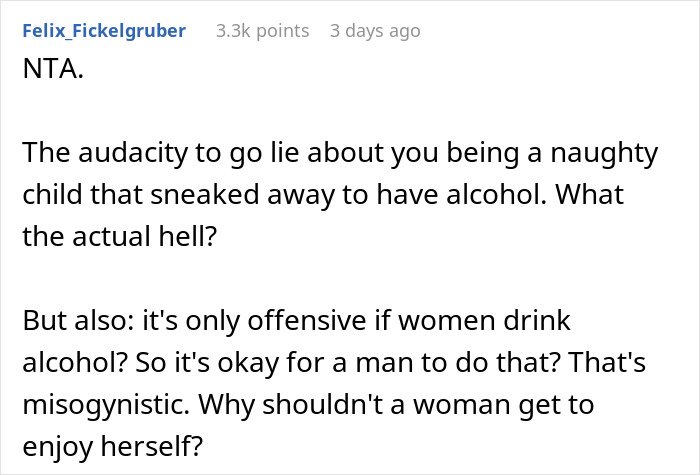 Reddit comment discussing entitlement and misogyny around women drinking alcohol in front of children. Reddit comment discussing entitlement and misogyny around women drinking alcohol in front of children.