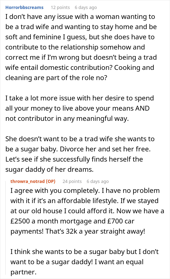 Conversation about tradwife role and financial expectations in a relationship with a focus on domestic contribution and equality. Conversation about tradwife role and financial expectations in a relationship with a focus on domestic contribution and equality.