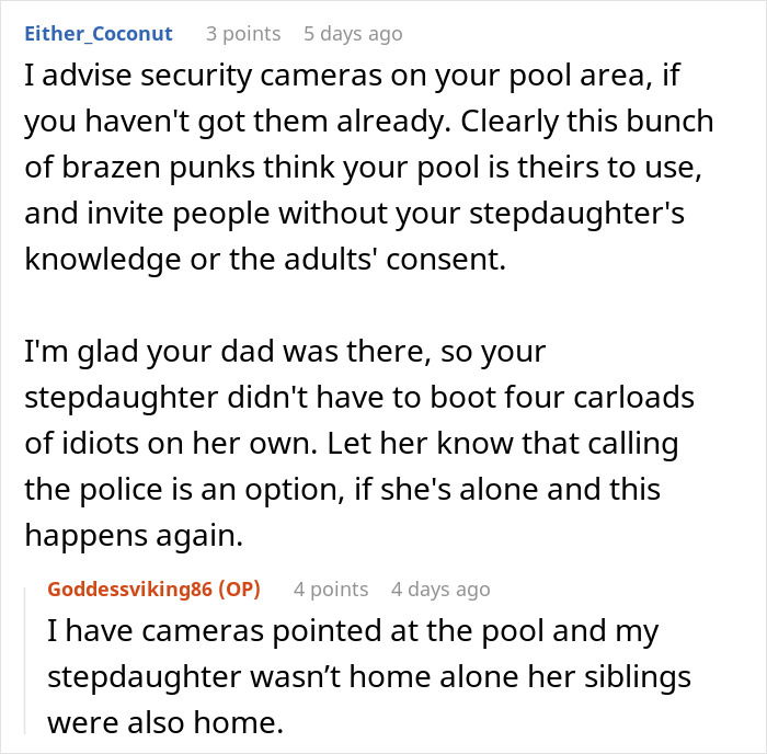 Commenters discuss security concerns and cameras related to a friend stepdaughter pool party and unauthorized guests.