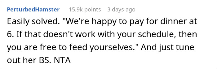 Screenshot of a Reddit comment discussing a man wanting to save money on dinner with a coupon and family conflict.