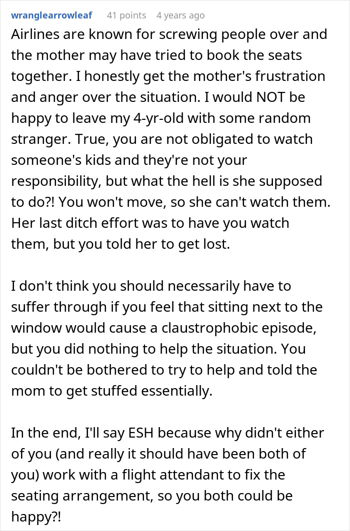Text post discussing AITA for not switching seats with a mother on an airplane and ignoring her children. Text post discussing AITA for not switching seats with a mother on an airplane and ignoring her children.