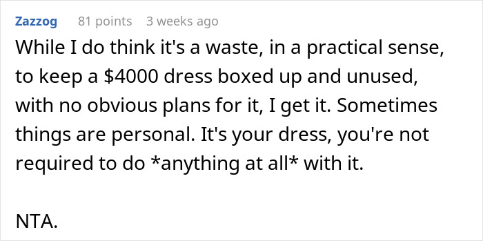 Comment discussing the personal value versus practical use of an expensive wedding dress in sisters drama context. Comment discussing the personal value versus practical use of an expensive wedding dress in sisters drama context.