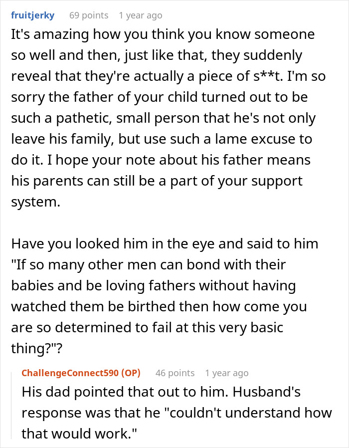 Reddit comments discussing a man who claims he can't bond with his daughter because she was a cesarean baby. Reddit comments discussing a man who claims he can't bond with his daughter because she was a cesarean baby.