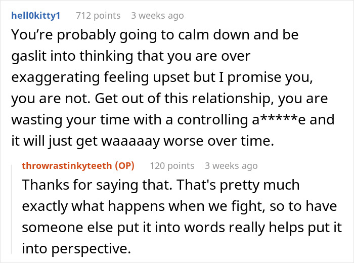 Screenshot of a Reddit conversation about a controlling guy criticizing his girlfriend for not wearing sexy clothes. Screenshot of a Reddit conversation about a controlling guy criticizing his girlfriend for not wearing sexy clothes.
