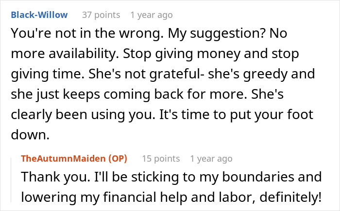 Screenshot of a Reddit conversation about a child-free lady setting boundaries on babysitting and stopping financial help. Screenshot of a Reddit conversation about a child-free lady setting boundaries on babysitting and stopping financial help.