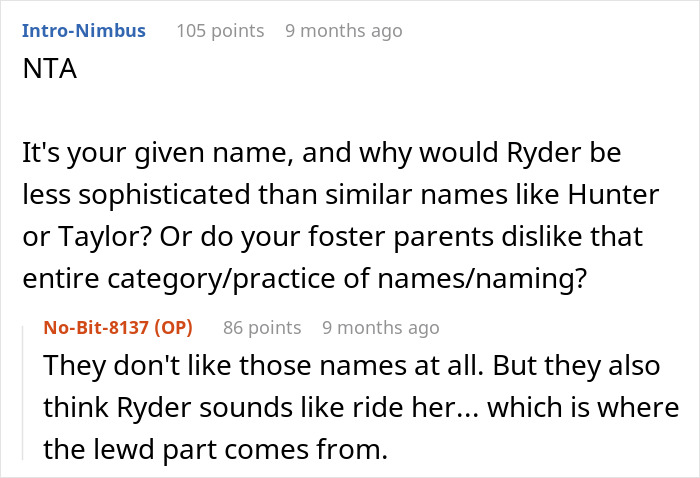 Screenshot of a discussion about foster name change parents and their opinions on the name Ryder compared to others. Screenshot of a discussion about foster name change parents and their opinions on the name Ryder compared to others.