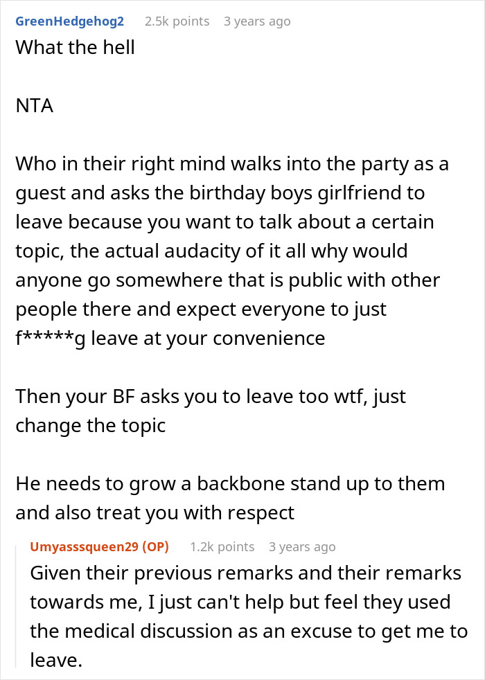 Reddit user discussing a woman refusing to leave party she planned after boyfriend and friends demand privacy. Reddit user discussing a woman refusing to leave party she planned after boyfriend and friends demand privacy.