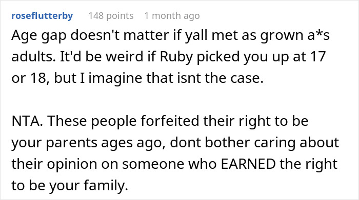 Comment discussing age gap in a woman dating someone 16 years older and family disapproval of the relationship. Comment discussing age gap in a woman dating someone 16 years older and family disapproval of the relationship.