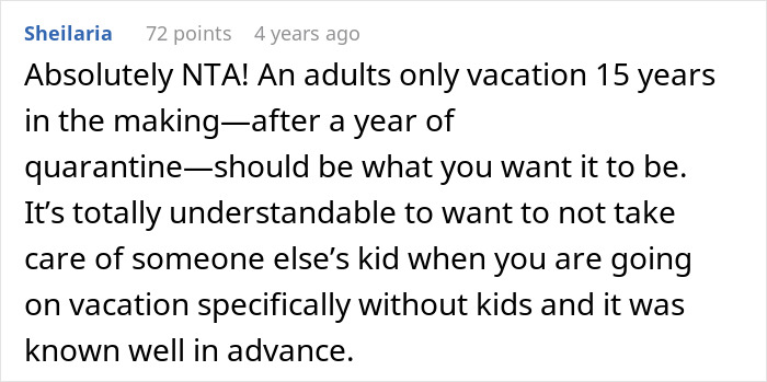 Comment highlighting the importance of enjoying a vacation without kids and the need for babysitting when traveling adults-only.