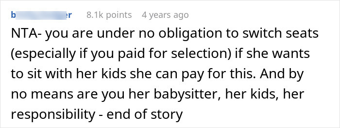 Screenshot of an online discussion about not switching airplane seats with a mother and ignoring her children. Screenshot of an online discussion about not switching airplane seats with a mother and ignoring her children.