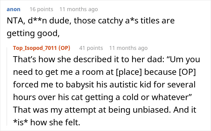Reddit conversation about a man needing his niece to watch his 11-year-old son during an emergency and her requesting $100. Reddit conversation about a man needing his niece to watch his 11-year-old son during an emergency and her requesting $100.