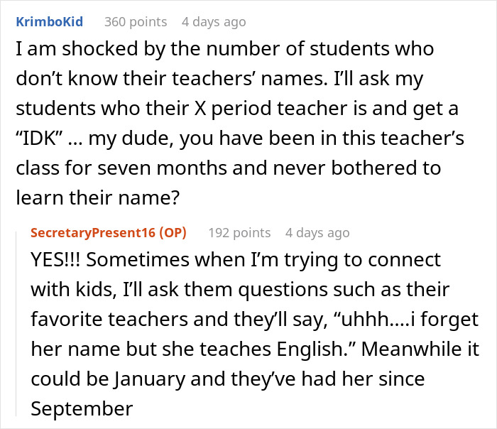 Screenshot of online discussion showing educators concerned about high schoolers’ lack of knowledge of their teachers’ names. Screenshot of online discussion showing educators concerned about high schoolers’ lack of knowledge of their teachers’ names.