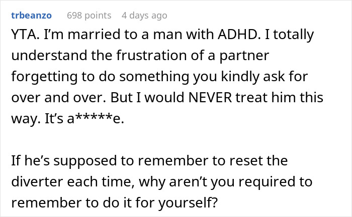 Comment discussing frustration with husband's bad memory and threats of giving cold showers as a response. Comment discussing frustration with husband's bad memory and threats of giving cold showers as a response.