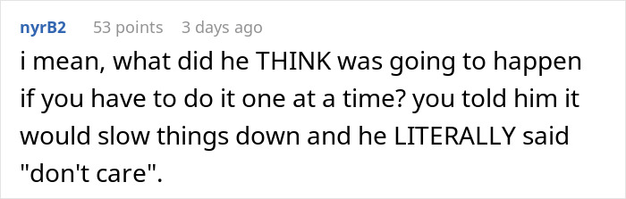 Screenshot of a Reddit comment discussing the store disaster caused by the manager’s unusual new rule slowing down work. Screenshot of a Reddit comment discussing the store disaster caused by the manager’s unusual new rule slowing down work.