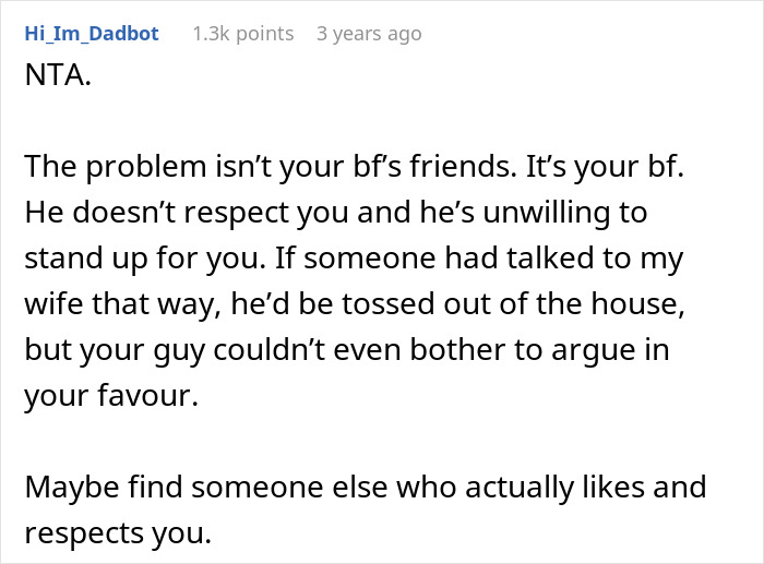 Comment discussing a woman refusing to leave party she planned after boyfriend and friends demand privacy, highlighting disrespect issues. Comment discussing a woman refusing to leave party she planned after boyfriend and friends demand privacy, highlighting disrespect issues.