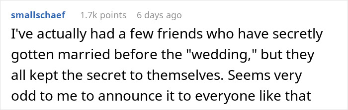 Comment discussing friends who secretly married before the wedding and the surprise of revealing it publicly.