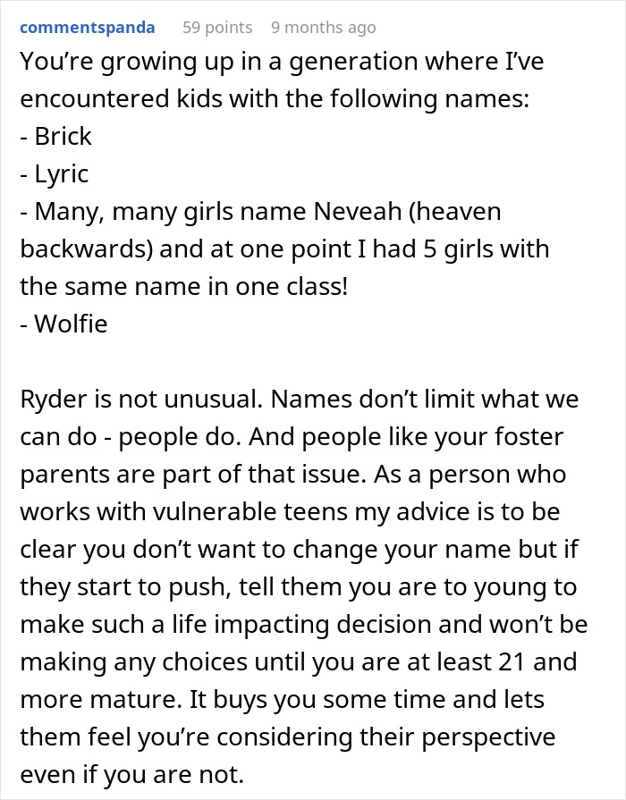 Text discussing foster name change parents advising youth to delay name changes until maturity, considering foster parents' perspectives.