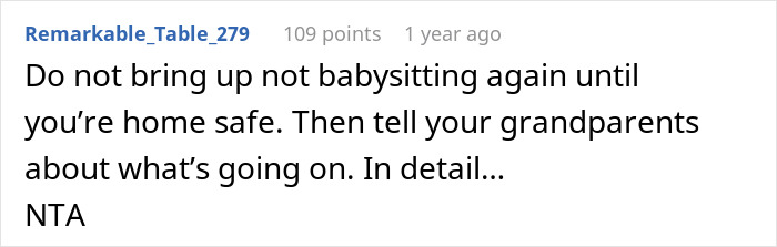 Comment advising a teen girl struggle babysit step siblings to inform grandparents after getting home safely.