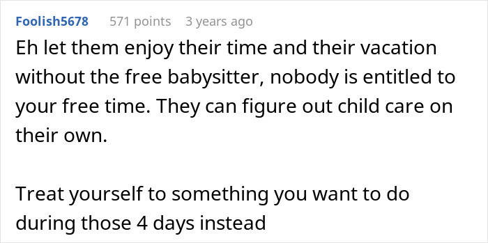 Comment discussing family holiday babysitting expectations, encouraging self-care and setting boundaries during vacation time. Comment discussing family holiday babysitting expectations, encouraging self-care and setting boundaries during vacation time.