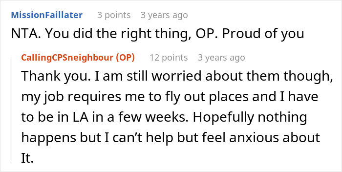 Screenshot of an online discussion about a mom throwing kid out on cold night and neighbors calling CPS.