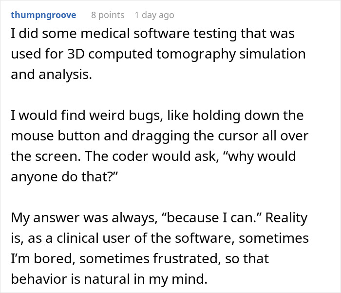 Forum post about developer reporting bugs in game while lead restricts exploratory testing, highlighting software testing challenges.